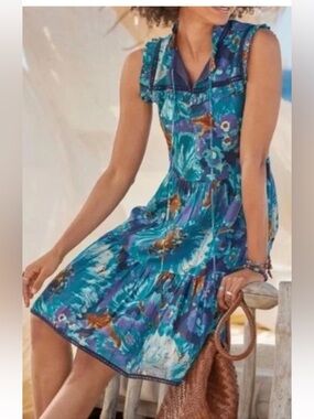 Sundance Cotton Women BLOSSOMS DIVINE Blue Floral Dress Boho Sundress S Pockets